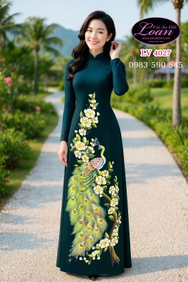 Vải áo dài vẽ chim Công cao cấp-ADV2074