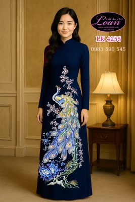 Vải áo dài vẽ chim công cao cấp-ADV2266