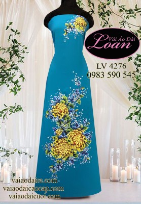 Vải áo dài vẽ hoa cúc đại đóa-ADV2282