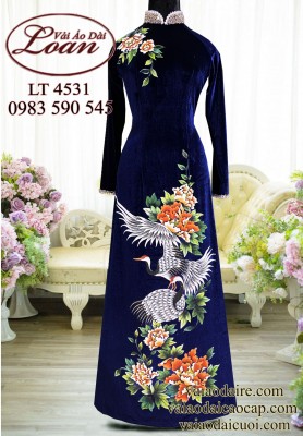 Vải áo dài vẽ chim hạc cao cấp-ADV2461