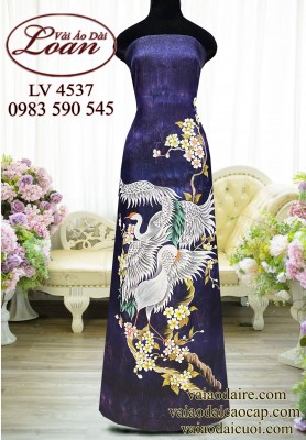 Vải áo dài vẽ chim hạc cao cấp-ADV2466
