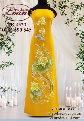 Vải áo dài thêu hoa sen kết pha lê-ADT2527
