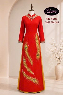 Vải áo dài vẽ - kết lông đuôi công-ADV2664