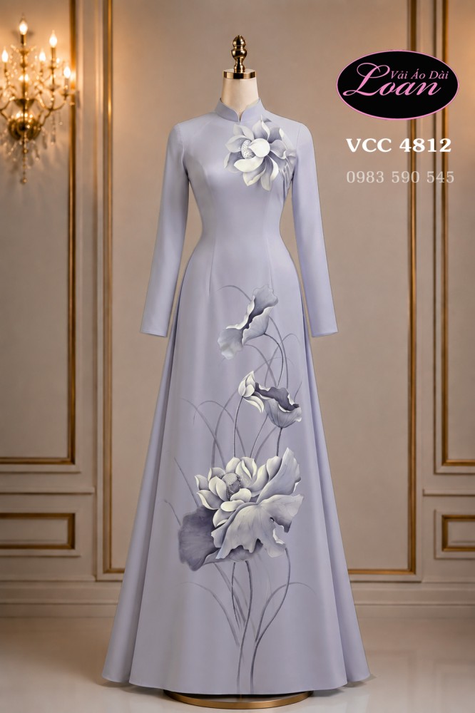 Vải áo dài vẽ hoa sen cao cấp