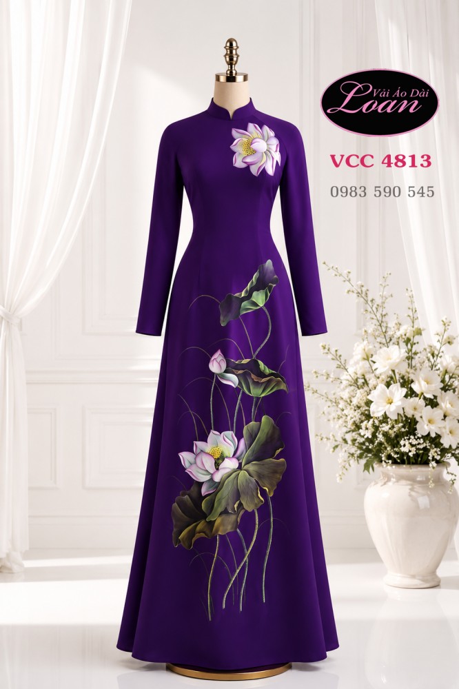 Vải áo dài vẽ hoa sen cao cấp