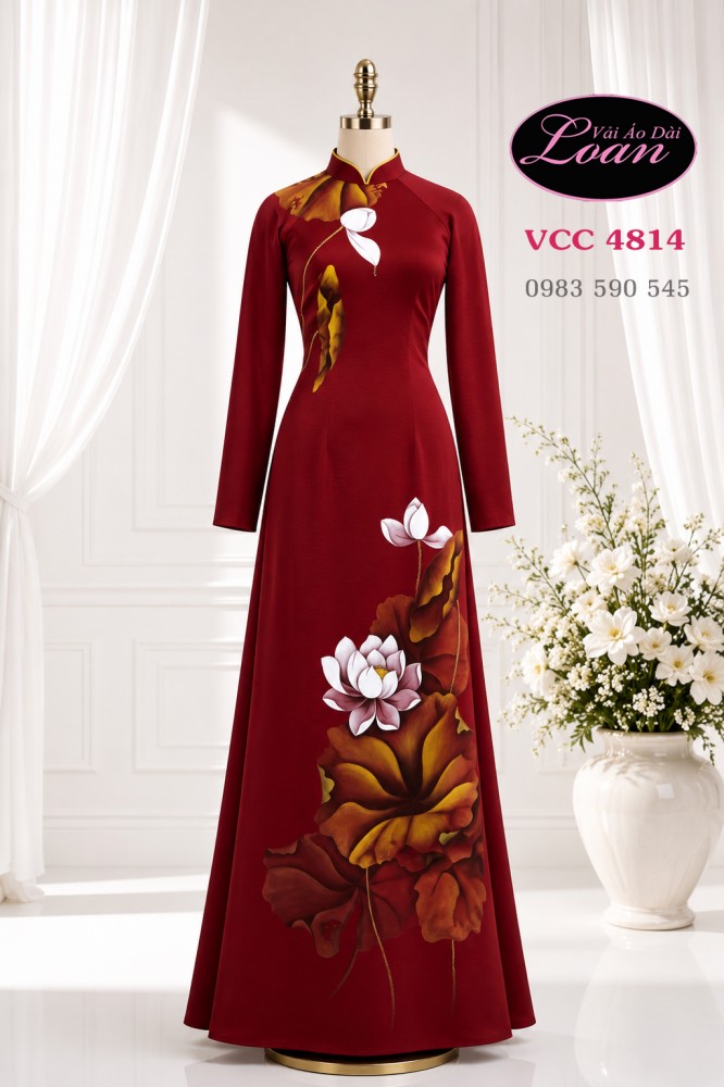 Vải áo dài vẽ hoa sen cao cấp