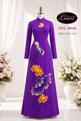 Vải áo dài vẽ hoa sen cao cấp-ADV2681