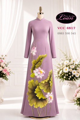 Vải áo dài vẽ hoa sen cao cấp-ADV2682