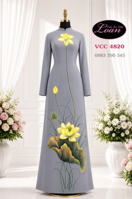 Vải áo dài vẽ hoa sen cao cấp-ADV2685