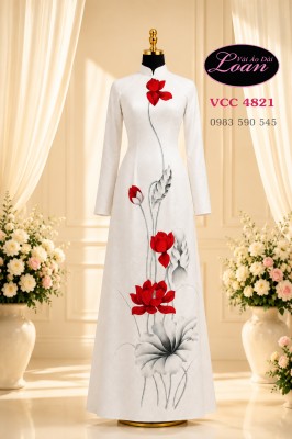 Vải áo dài vẽ hoa sen cao cấp-ADV2686