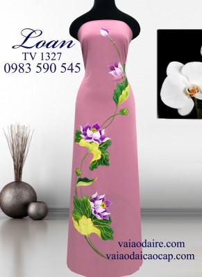 Vải áo dài hoa Sen vẽ sơn mài-ADV673